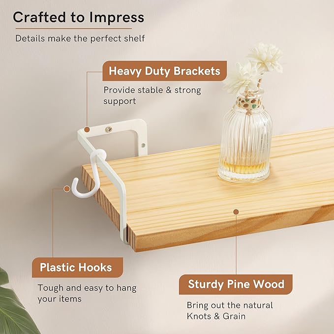Gronda Floating Shelves for Wall Storage Shelf with White Brackets for Bathroom Kitchen Laundry Over Toilet Wooden Hanging Organizer Rustic Boho Decor for Bedroom Living Room, Set of 2