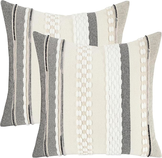 Tosleo Boho Throw Pillow Covers 18x18 Set of 2 Striped Decorative Pillow Cases Accent Chenille Pillowcases Farmhouse Cushion Case Bohemian Nuetral Textured Pillow Cover,White