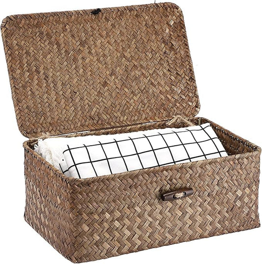 Hipiwe Wicker Shelf Baskets Bin with Lid, Handwoven Seagrass Basket Storage Bins Rectangular Household Basket Boxes for Shelf Wardrobe Home Organizer, Coffee Small