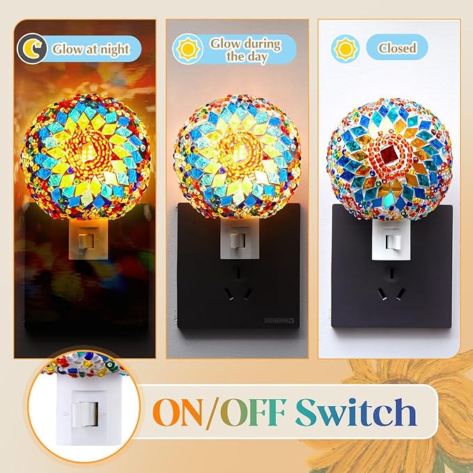Hortsun Turkish Night Lights Plug into Wall Turkish Lamp Moroccan Lamp Stained Glass Mosaic Night Lights Plug in Bohemian Globe Decor for Living Room Corridor Bedroom Decorations