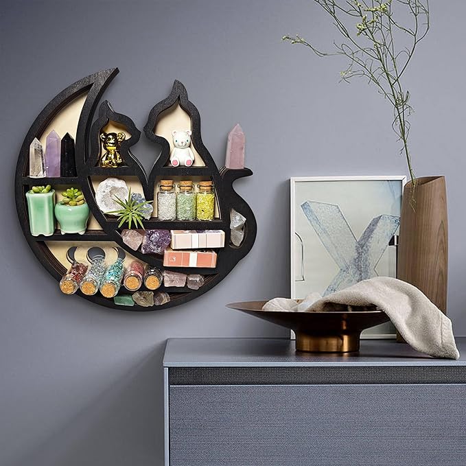 Crystal Display Shelf for Wall, Cats on The Moon Shelf, Crescent Moon Phase Cute Home Decor Wooden Rock Display Shelf Crystal Holder Stone Storage Aesthetic Hanging Floating Organizer