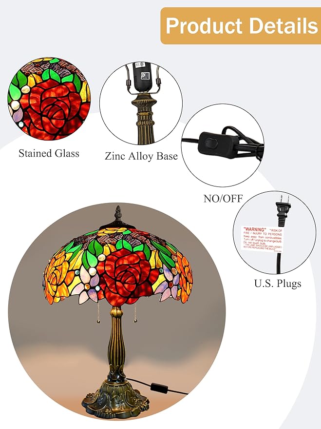 KY&BOSAM Tiffany Style Table lamp Stained Glass Table Lamps Art Style Desk Lamp 24 Inch Tall Glass 16 Inch Wide Shade Beside 2 Bulb Antique Zinc Base for Home Living Room Bedroom Kitchen Family Decor
