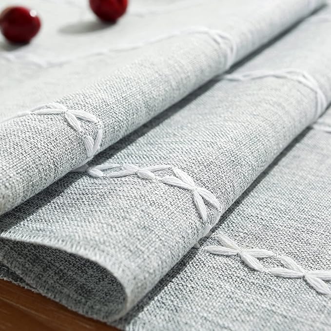 Chassic Rustic Farmhouse Style Linen Table Runner, Boho Handmade Tassel Embroidery Table Runners 72 Inches Long for Holiday Party, Dresser and Dining Decorations, 13 x 72 inch - Light Grey