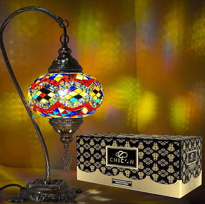 CHICON Handmade Mosaic Turkish Lamp | Genuine Glass Mosaic | A Piece of Art in Unique Lamps | Antique Vintage Lamp | Tiffany Boho Lamp | Moroccan Bohemian Small Table Lamp - SWAN Wave Mix