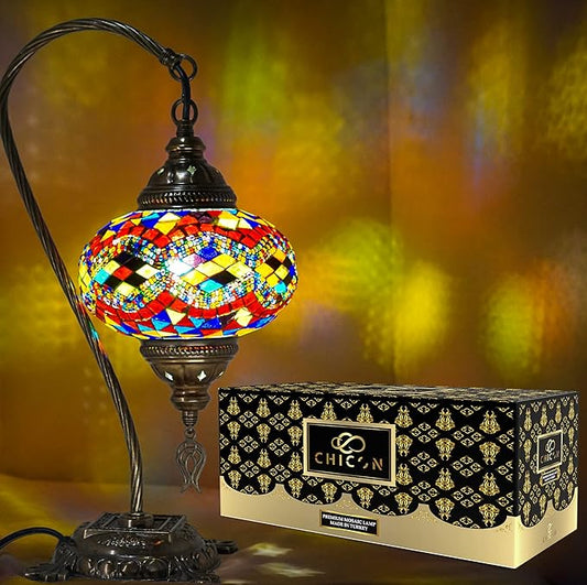 CHICON Handmade Mosaic Turkish Lamp | Genuine Glass Mosaic | A Piece of Art in Unique Lamps | Antique Vintage Lamp | Tiffany Boho Lamp | Moroccan Bohemian Small Table Lamp - SWAN Wave Mix