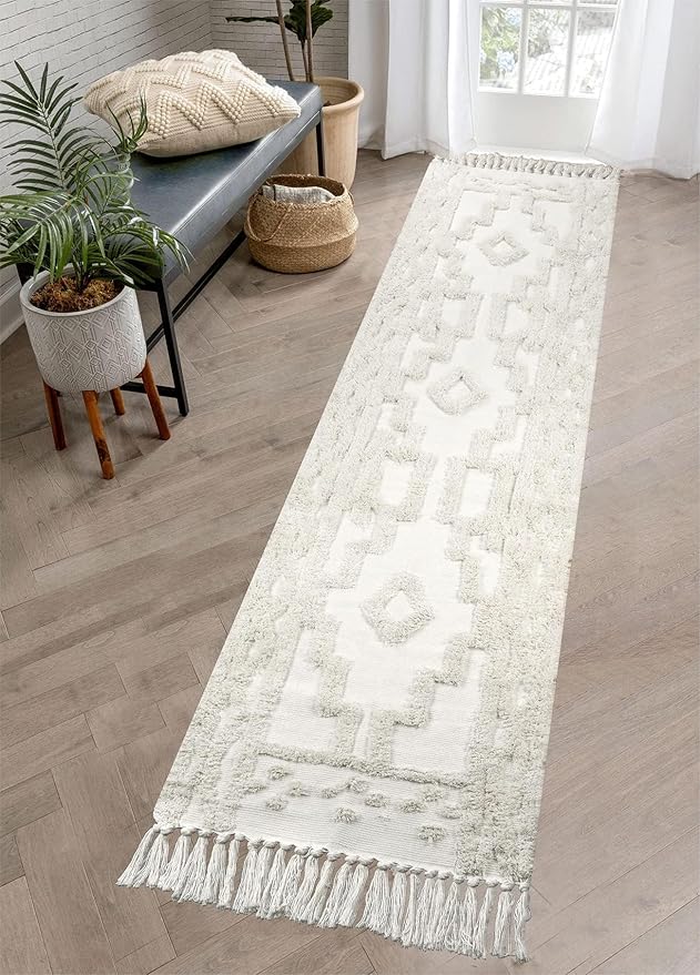 Uphome Boho Runners for Hallways 2' x 8', Washable Farmhouse Entryway Runner Rug, Cotton Tufted Bedroom Runner Rugs, Bohemian Tribal Throw Aesthetic Rug for Kitchen Doorway Bathroom Living Room, Beige