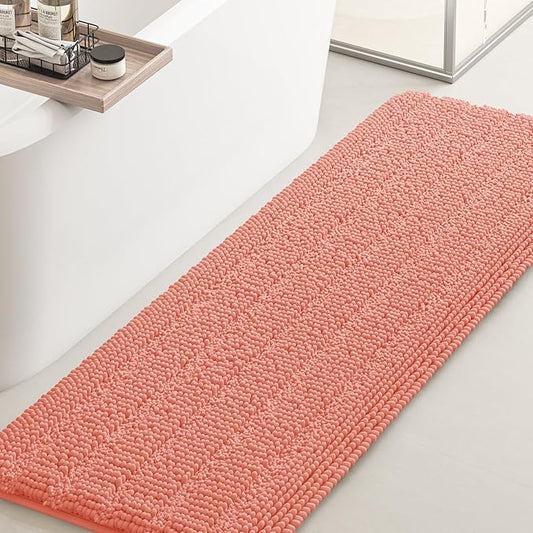 ACCUMTEK Striped Coral Bathroom Rug Mat 47.5"x20" Ultra Soft, Non Slip Chenille Bath Rugs, Absorbent Plush Shaggy Bath Mats for Bathroom, Bedroom, Kitchen, Shower, Tub