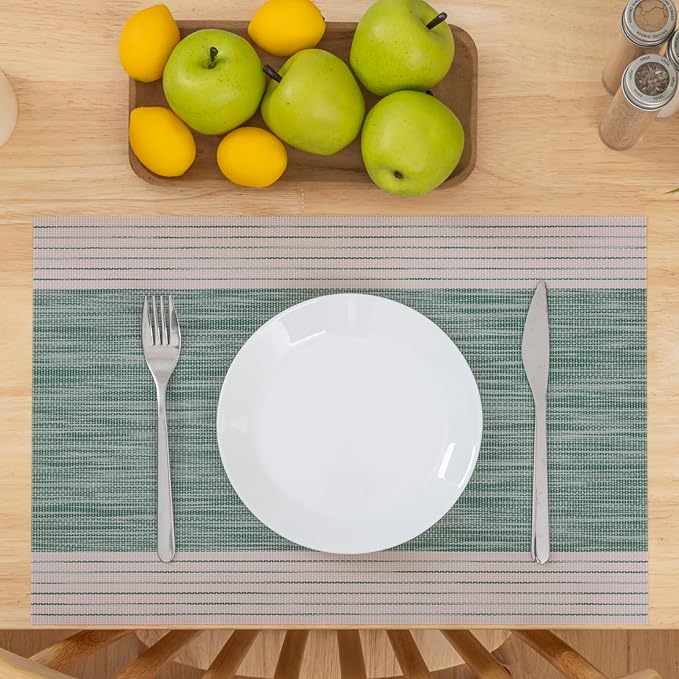 Winknowl Placemats, Set of 6 Heat Resistant Stain Resistant Woven Vinyl Insulation Place mats, Durable Washable Elegant Table Mats for Dining (Striped Green)