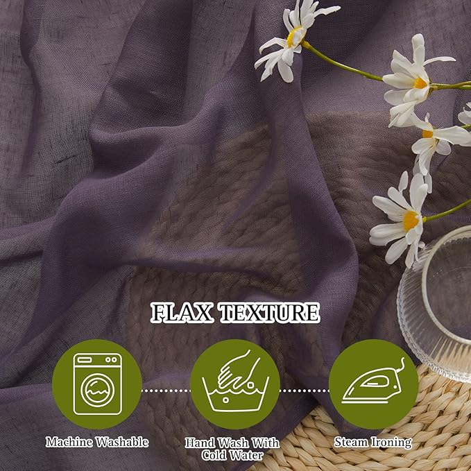 NICETOWN Flax Linen Sheer Curtains for Patio Sliding Door, Grommet Semi Sheer Linen Blend Curtains Privacy Drapes with Light Filter for Villa/Cottage, W70 x L84, Purple Brown, 1 Pair