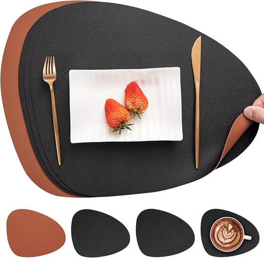 Myir JUN Placemats, Dual-Sided Placemats Waterproof Faux Leather Placemats Set of 4 Place Mats and Coasters Non-Slip Washable Table Mats for Dining Table (Black Brown, Set of 4)