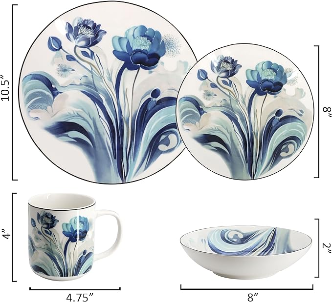 Elama Peony Garden 16 Piece Abstract Floral Round Porcelain Dinnerware Set, Tableware Set, Serveware Set (Peony Garden)