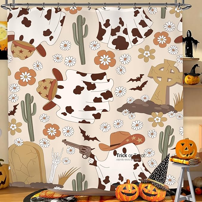 Halloween Ghost Cowboy Shower Curtain 60Wx72L Inch Horror 70s Retro Groovy Western Hippie Funky Trendy Funny Holiday Bathroom Set Accessories Decor with 12 Pack Hooks