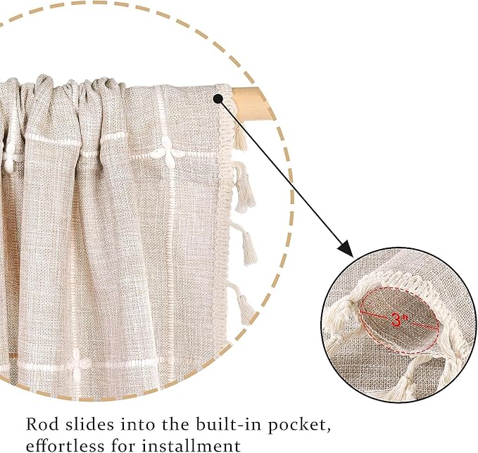ColorBird Farmhouse Light Filtering Window Curtains 2 Panels, 96 inch Embroidery Lattice Linen Curtains for Living Room, Rod Pocket Window Drapes for Bedroom Dining