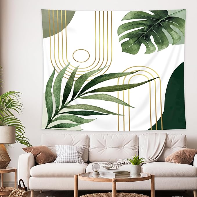 KOMLLEX Abstract Boho Mid Century Tapestry Tropical Leaves Modern Geometric Arch Minimalist Bohemian Plant Botanical Aesthetic Wall Hanging Neutral Sage Green Gold Home Decor Art for Bedroom 78Wx59H