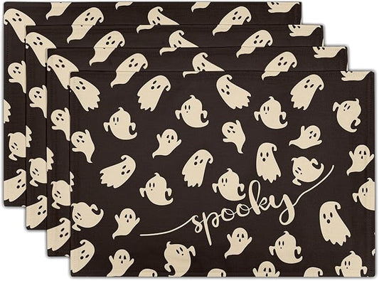 Giwawa Halloween Placemats Set of 4, 12x18 Inch Spooky Gothic Ghosts Black Place Mat for Kitchen Dining, Holiday Double Sided Heat Resistant Table Mats for Tabletop Party Indoor Outdoor Decor