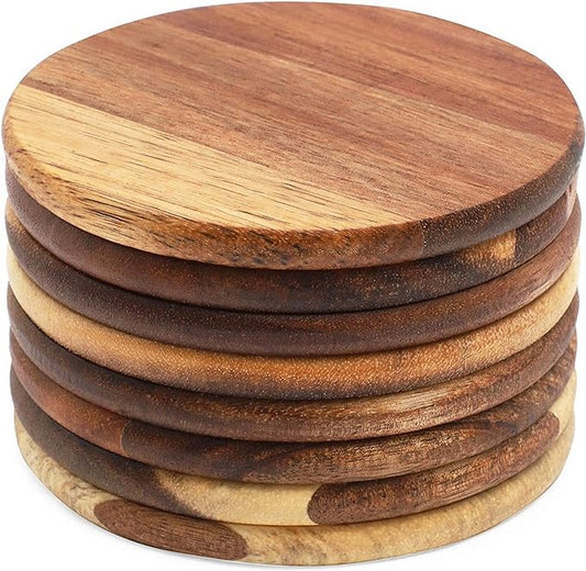 8 Pack Round Acacia Wood Coasters for Coffee Table - Wooden Coasters for Drinks, Dining Table, Bar (4 in)