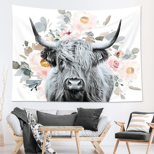 AMBZEK Highland Cow Tapestry Floral 51Hx59W Inch Western Country Wall Art Funny Tapestry Bull Cattle Rustic Farmhouse Wildlife Flowers Cute Animal Farm Wall Hanging Bedroom Living Room Decor Fabric