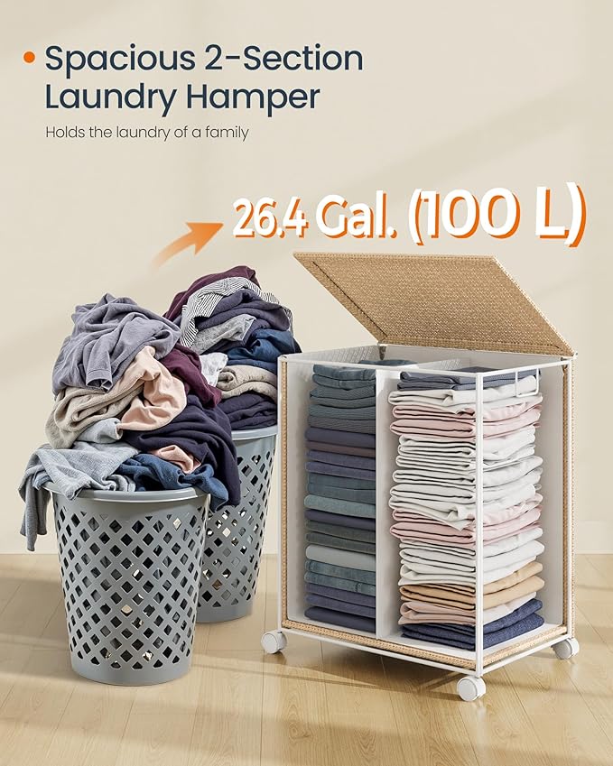 SONGMICS HOME Laundry Hamper with 2 Section, 100 L Large Rolling Laundry Basket with Wheels, Rattan Clothes Hamper with Lid, Removable Liner with Handles, Natural Beige and Matte White ULCB601N01