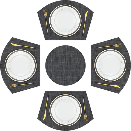 SHACOS Large Size Wedge Placemats with Centerpiece Round Mat Set of 5 Round Table Place Mats Washable Dining Table Placemats Reversible Durable, Black Gray
