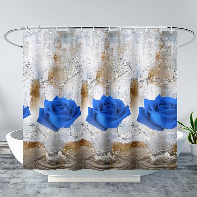 AILONEN Blue Rose Shower Curtain for Girls 3D Rose Water Droplet Retro Bathroom Decor,Modern Rose Flower Couple Lover Women Bath Curtain 72" W*84" H Polyester Waterproof Bathroom Curtain with Hooks