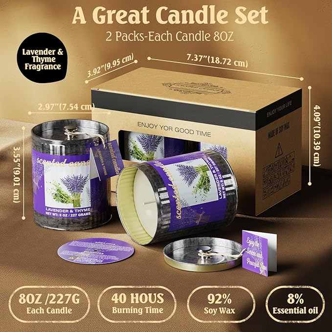 Vintage Scented Candles Gift Set (2 x 8 oz) - Lavender & Thyme Aromatherapy Candle, Natural Soy Wax Candle, (2 x40) Hours Burn, 8% Fragrance Oil, Holiday Gifts for Home Decor, Relaxation & Christmas