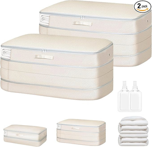 Comforter Storage Bag - Large Capacity Bedding Storage Bags Ultra Space Saving Self Compression Organizer, Washable Compression Bags for Storage Comforter Blanket Duvet Pillow, 2-Pack, Beige