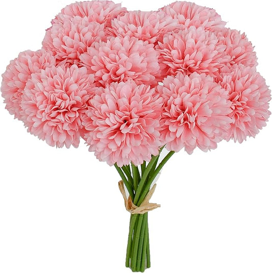 Mandy's Pink Artificial Ball Chrysanthemum 12 Stems Faux Flowers with Bendable Stems for DIY Wedding Centerpiece Fall Decor Home Arrangements