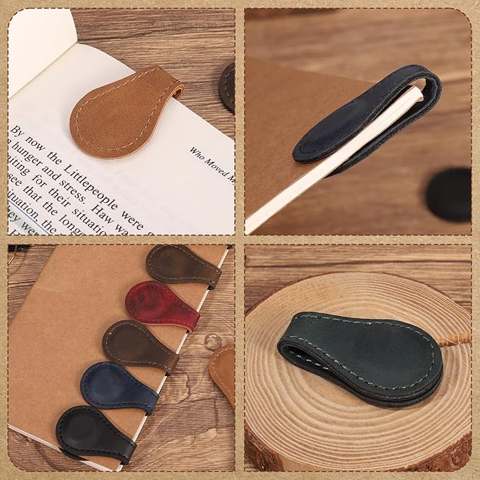 8 Pcs Leather Magnetic Bookmarks,Retro Magnetic Bookmark Holder,Double-Sided Magnetic Buckle for Wallet,PU Leather Bookmark Gift Suitable for Reading Lovers(Dark Colour)