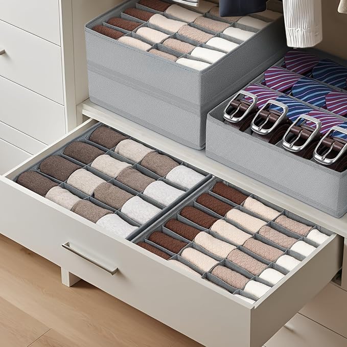 Joyoldelf Sock Organizer Drawer Organizer - Underwear Organizer, Collapsible Closet Organizers and Storage Sock Holders Organizers for Storing Socks, Ties, Belts 2 Pack(Gray)