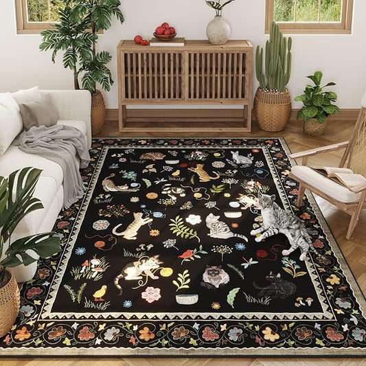 Living Room Rug 5x7 Rug Machine Washable Boho Area Rug Non Slip Floral Animal Cat Vintage Low Pile Large Rugs for Living Room Bedroom Farmhouse Dining Room Kids Playroom, Black
