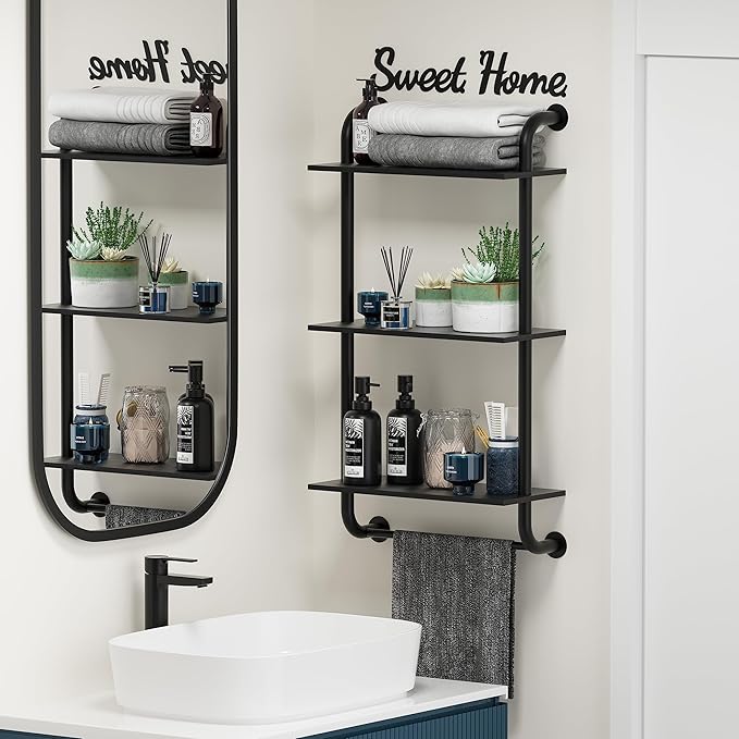 Rustic Farmhouse 3-Tier Wall Mounted Pipe Shelves, Industrial Floating Shelf Decor for Bathroom, Kitchen, Bedroom, Living Room - 17.3in Black