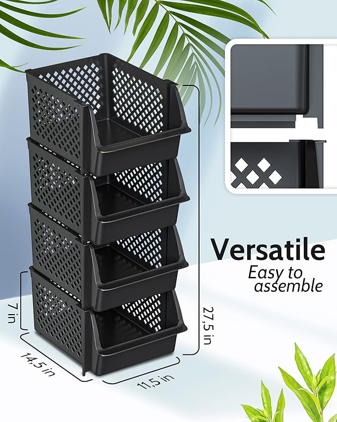 Skywin TidyFriend Stackable Storage Bins for Pantry, 4 Pack Stackable Bins For Organizing Food, Kitchen, and Bathroom Essentials (Black)