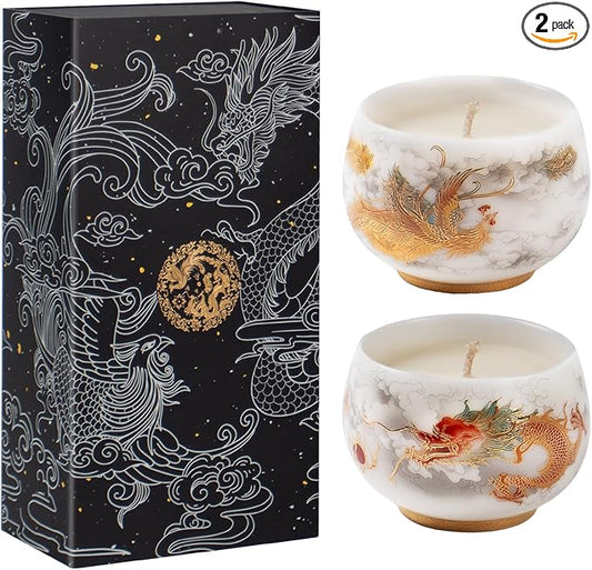 KONNI Scented Candles Gifts for Women Men 2PCS 5.3 Oz Wisteria Scent Ceramic Jar Candles Home Scented 60 Hours Bruning Time Soy Wax Dragon and Phoenix Aromatherapy Candles Decoration