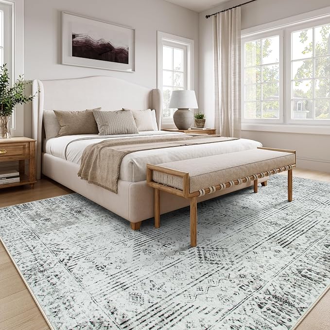 Lahome Farmhouse Washable Rug 8x10, Gray and Beige Dining Room Rugs for Under Table, Diamond Stain Resistant Large Carpets for Bedroom Office Living Room
