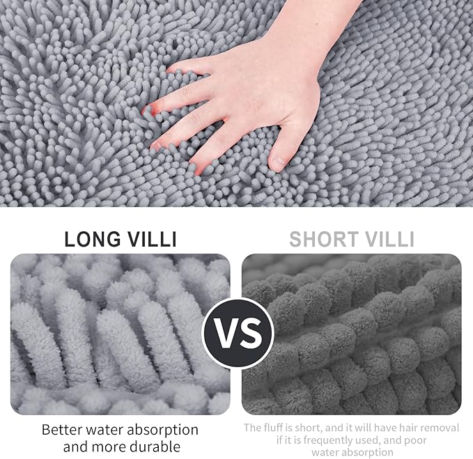 Bathroom Rugs 2 Pieces Chenille Bath Rug Mat, Extra Thick and Soft Absorbent Bath Rugs, Machine Washable, Non-Slip Plush Bath Mats for Tub, Shower, and, (Dark Gray, 32"x20"+U Shape 20"x20")