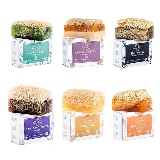 Sabun Co. - The Ultimate Bath | Natural Loofah Soap Bar Variety Gift Pack - [Aloe Vera, Lavender Oil, Lemon Peel Oil, Shea Butter, Activated Charcoal, Donkey Milk & Honey ] Handmade Natural Luffa Soap