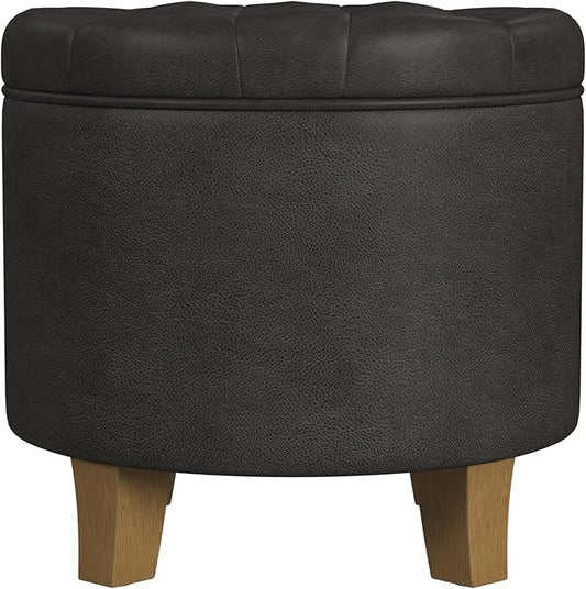 HomePop Home Decor | Upholstered Round Faux Leather Tufted Foot Rest Ottoman | Ottoman with Storage for Living Room & Bedroom | Decorative Home Furniture, Black Faux Leather