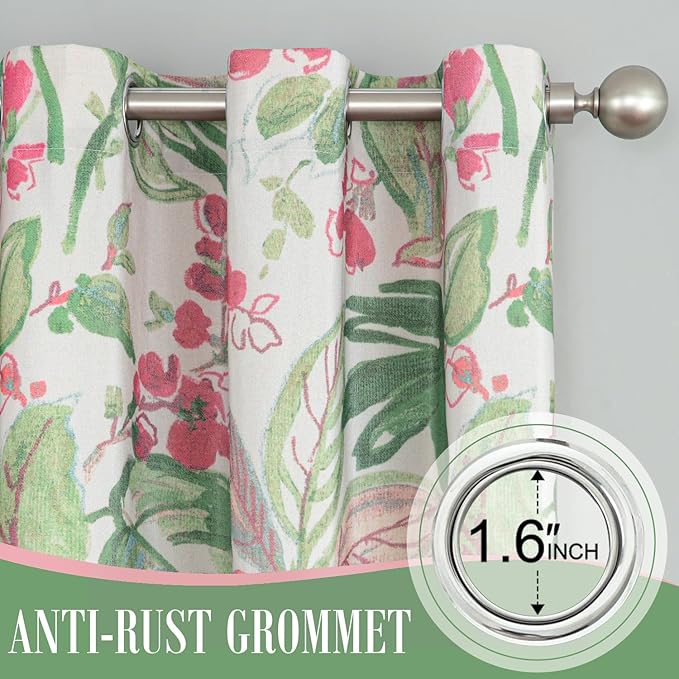 Leeva Green and Pink Hues Print Window Curtains, Leaves Flower Farmhouse Garden Style 84 Inch Long Semi-Blackout Curtain and Drapes for Living Room Guest Room Bedroom, 2 Panels
