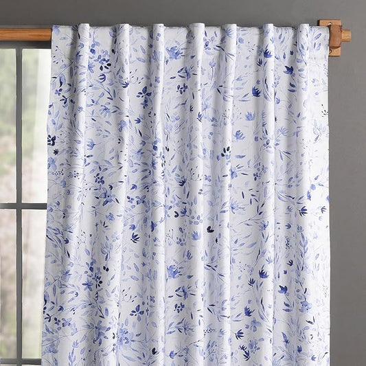 Maison d' Hermine Curtains for Living Room 100% Cotton 96 inch Length One Panel Light Filtering Curtains for Bedroom Windows with Rod and Loop Pockets Drapes (Summer Blues, 50" W x 96" L)