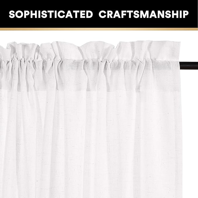 PrinceDeco White Linen Curtains 108 Inch Length 2 Panels Set, Rod Pocket Curtains for Living Room, Light Filtering Curtains for Bedroom/Living Room Energy Saving Vertical Drapes