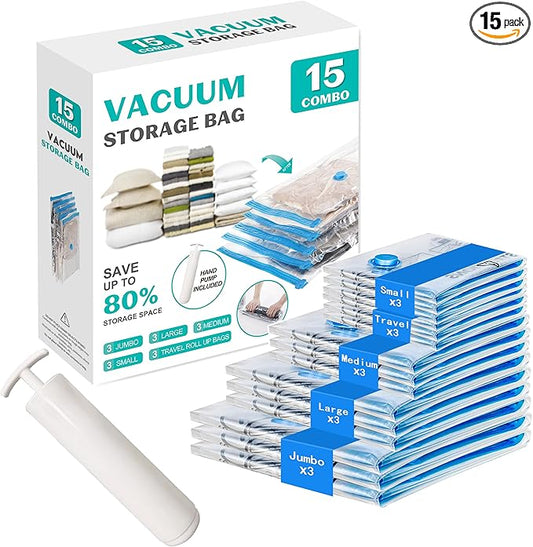 15 Pack Vacuum Storage Bags 80% Space Saver Vacuum Seal Bags for Clothing Compression for Comforters Blankets Travel Luggage Clothes with Hand Pump（3 Jumbo/3 Large/3 Medium/3 Small/3 Roll）