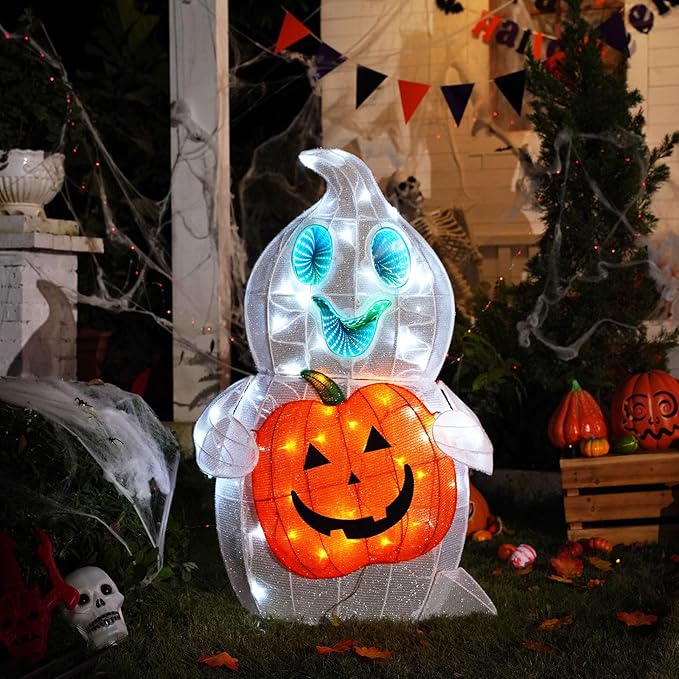 Halloween Ghost Decor, 128 LED Pre-Lit Ghost Halloween Decorations with Animated Eyes Cute Light Up Ghost Holding Pumpkin Glowing Ghosts Fall Decor for Outdoor, Indoor, Yard, Porch, Garden