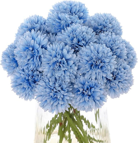 Kimura's Cabin 20Pcs Blue Fake Silk Chrysanthemum Artificial Ball Flowers Faux Mums Flowers Wedding Arrangements Decor Bouquets Home Festival Table DIY Decoration Center (Blue)