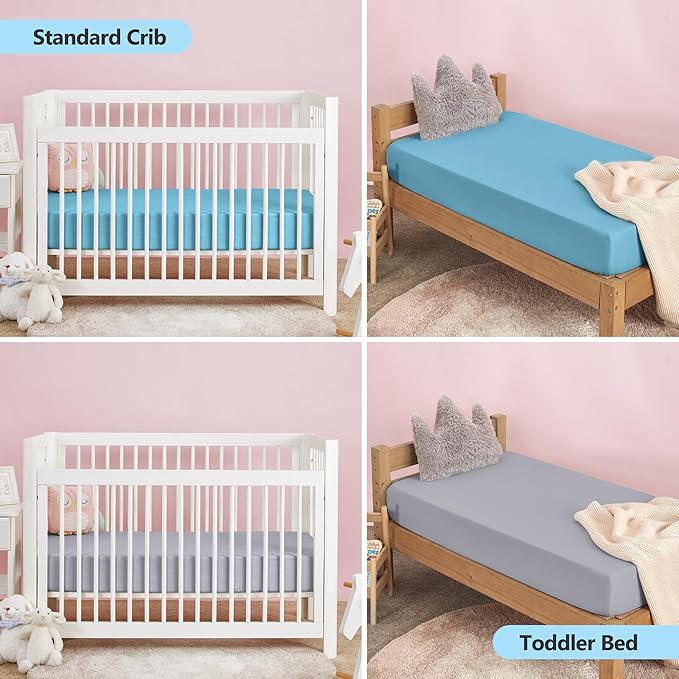 TILLYOU Baby Crib Sheets for Boys Girls, Fitted Crib Sheet 2 Pack for Standard Crib and Toddler Mattresses, Super Soft Toddler Bed Sheets, 28"x52"x8",Lake Blue& Grey