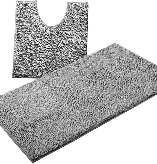 Bathroom Rugs Sets 2 Piece, Luxury Chenille Bath Mat Set, Soft Plush Anti-Slip Bath Rug + U-Shaped Toilet Mat. Microfiber Shaggy Carpet, Super Absorbent (24” x 36” & 20” x 24” U, Light Grey)