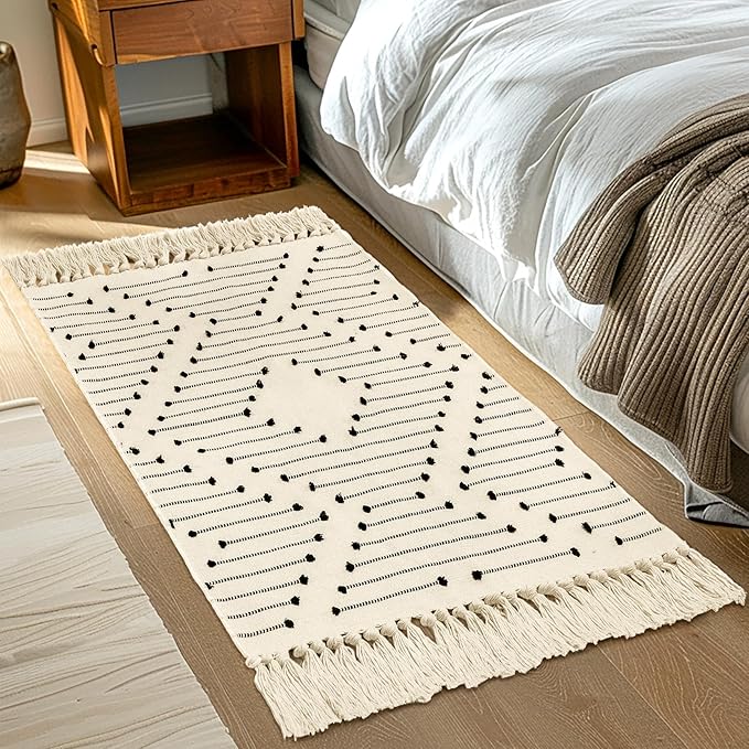 Tritard Boho Bathroom Rug 2x3 - Woven Cotton Area Rugs with Tassels Small Aztec Entryway Rug Washable Farmhouse Bath Door Mat Low Pile Throw Rugs for Entrance, Kitchen, Front Porch, Beige Cream