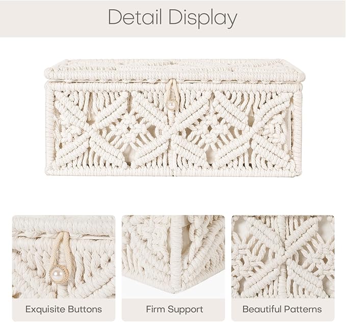 ANMINY Macrame Storage Basket with Lid & 25Pcs Organza Gift Bags Bohemian Jewelry Box Handmade Woven Natural Cotton Rope Lidded Bin Decorative Desktop Organizer Countertop Tank Shelf Cabinet Container