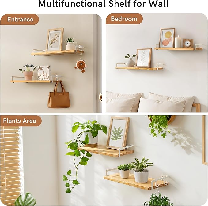 Gronda Floating Shelves for Wall Storage Shelf with White Brackets for Bathroom Kitchen Laundry Over Toilet Wooden Hanging Organizer Rustic Boho Decor for Bedroom Living Room, Set of 2
