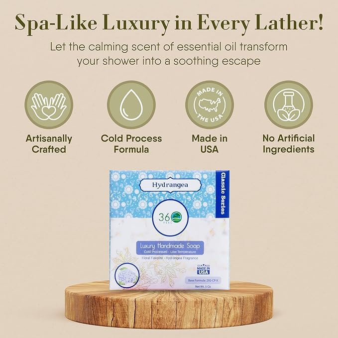 360Feel Hydrangea Soap - Handcrafted Castile Natural Soap Bar with Soothing Scent - Handmade with Essential Oils - Ideal Gift for Anniversaries, Weddings and Holiday Stockings - Rich Lather - 5 Ounce