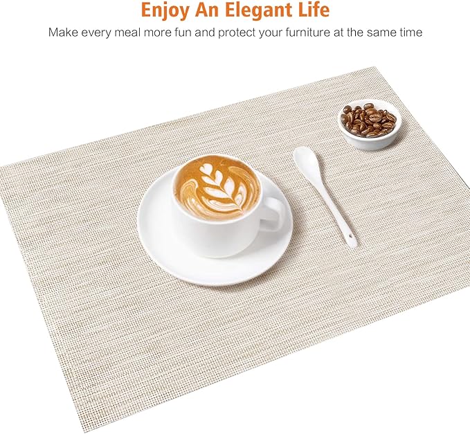 Placemats Set of 8,Washable,Heat and Stain Resistant Indoor/Outdoor Place mats, Vinyl Woven Non Slip Table Mats for Restaurant Table Protection, PVC Table Placemats.(Beige White,8PCS)